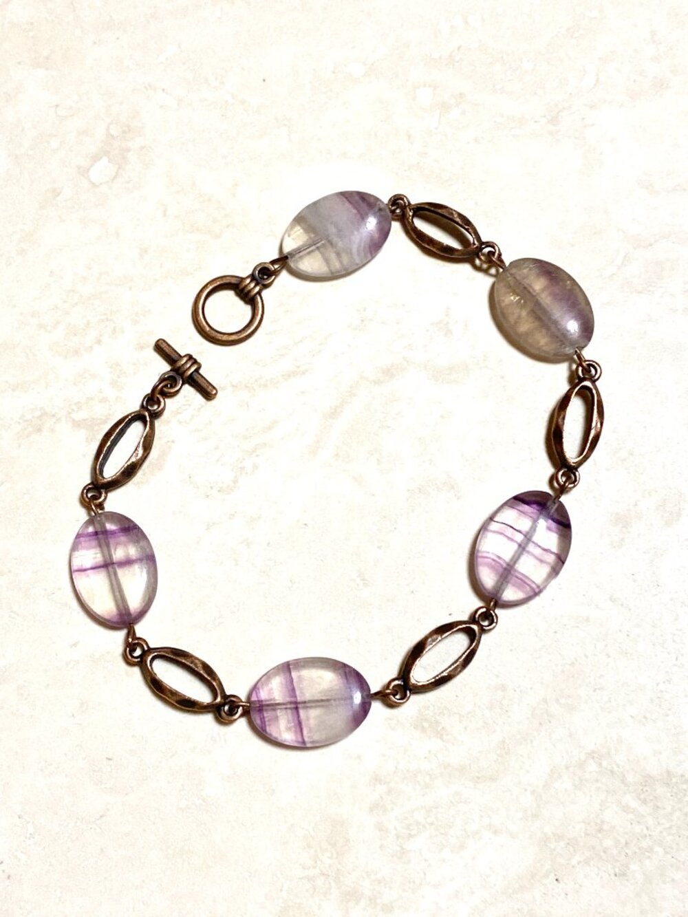 2/$20, Purple Rainbow Fluorite Boho Bracelet, Genuine Gemstone & Copper Links